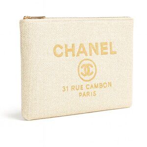Chanel 31 Rue Cambon Canvas Pouch — Beige / Gold Logo